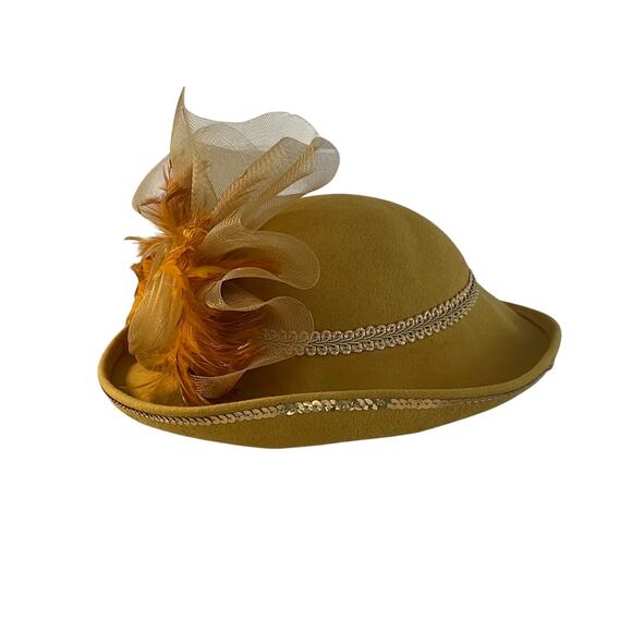 Vintage Deborah New York Mustard Yellow Wool Hat, Feathers, Beading, Church - Picture 2 of 13